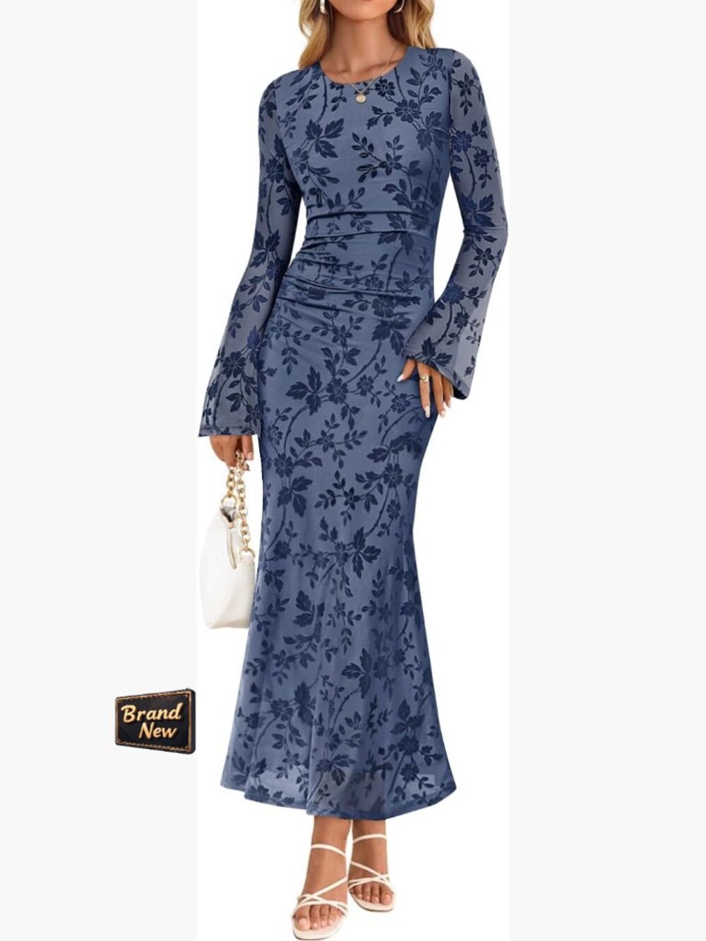 Long Sleeve Floral Bodycon Maxi Dress Ruched Mesh Mermaid Cocktail